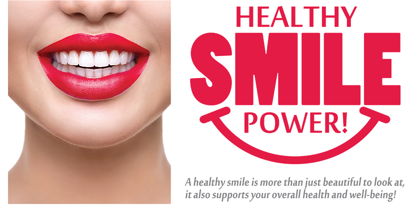 The image features a close-up view of a person s face with red lipstick, showcasing a bright smile against a white background. Below the face is text that reads  HEALTHY SMILE POWER  and includes additional text and logos.